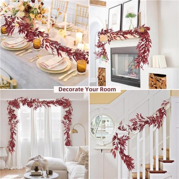 Artificial Hanging Willow Leaves Vine Twigs 2Pcs 5.7Ft Fake Silk Burgundy Leaf - Picture 3 of 7